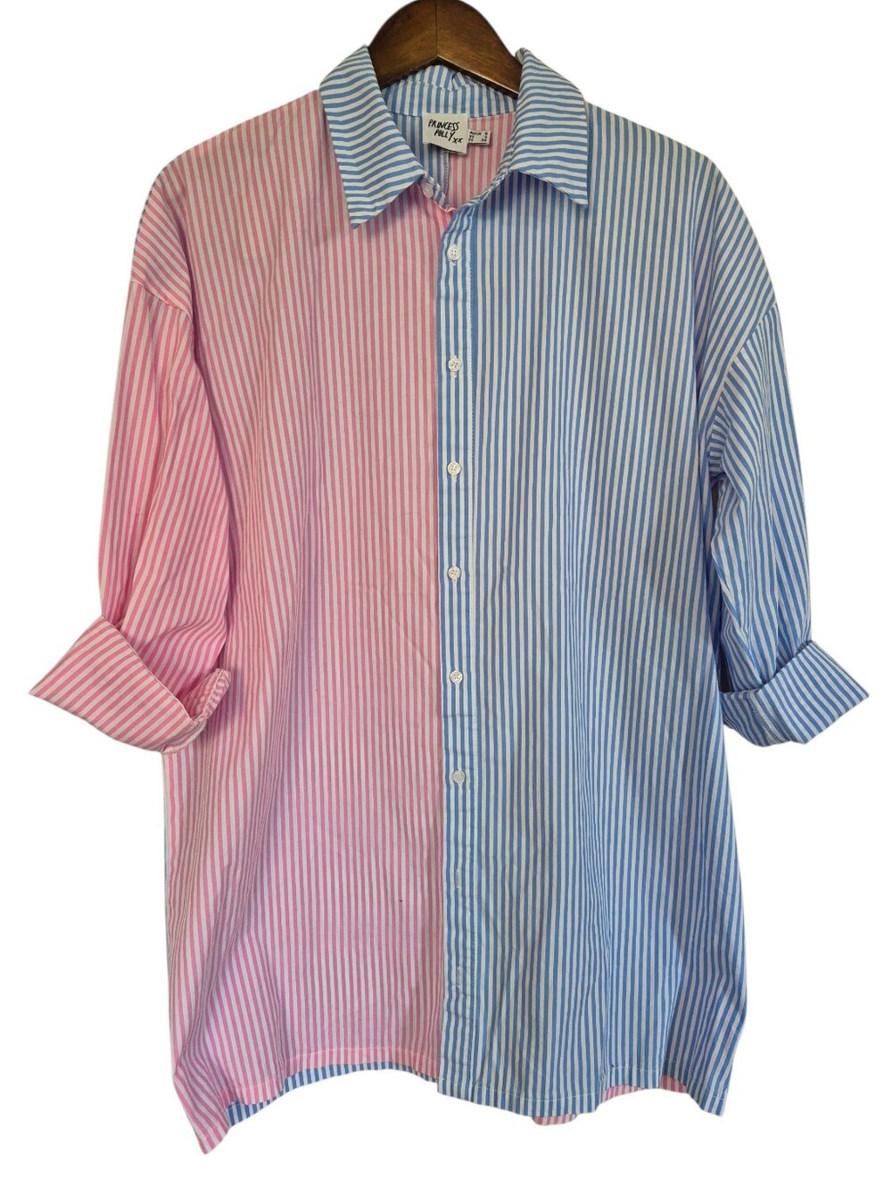 Princess Polly Color Block Striped Cotton Button Up Shirt 3/4 Length Size 4 Lrg